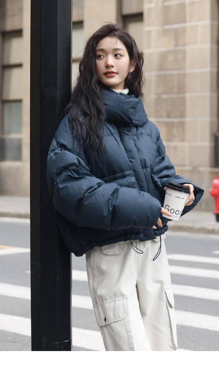 Dme [Navy Blue Short Down Jacket with Large Pockets], Winter Hooded Windproof Button Design down Coat for Wome 9