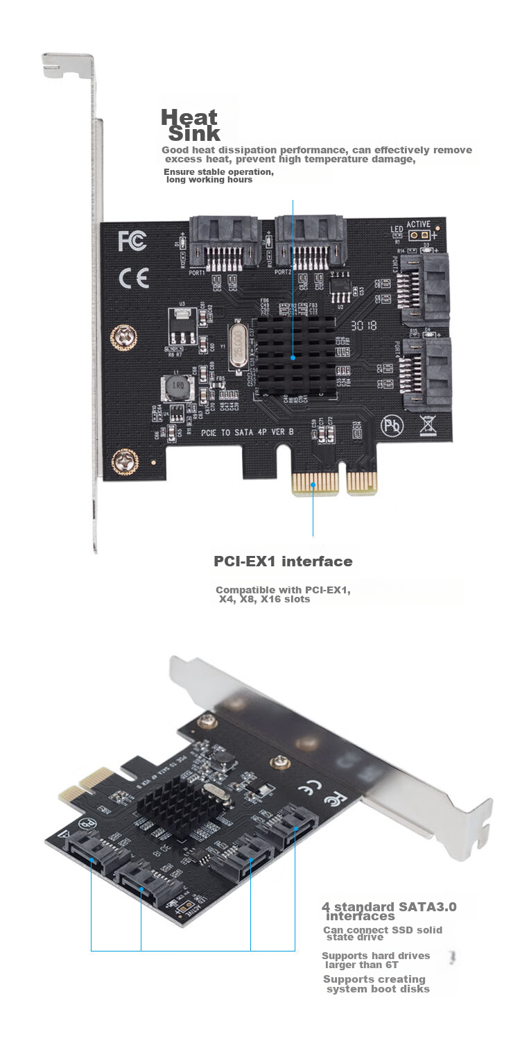 MOGE Desktop PCIE to 4-Port SATA 3.0 Hard Drive Expansion Card NAS Synology Hard Drive Card Windows/Linux Plug-And System Boot MC26921 3
