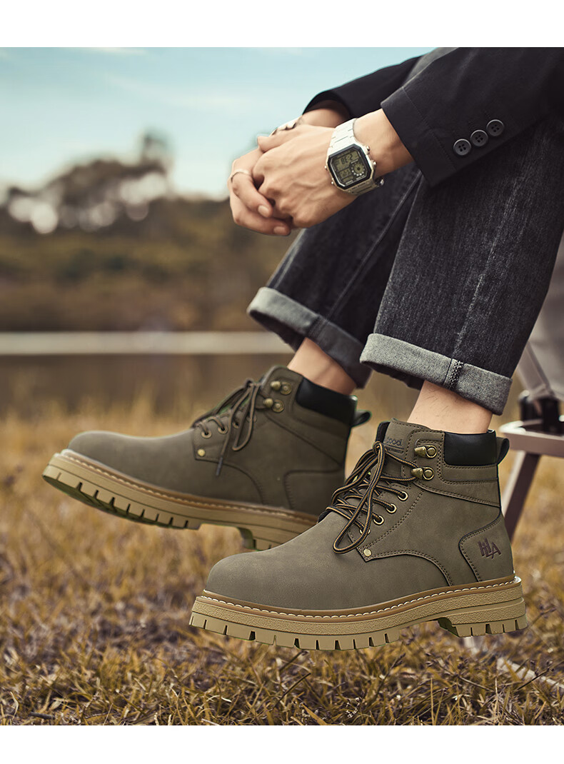 HLA Couple Boots, Yellow Boots for Men, Comfortable Thick-Soled Martin Boots, Men's Style T249, Earth Yellow Color, Size 42 13