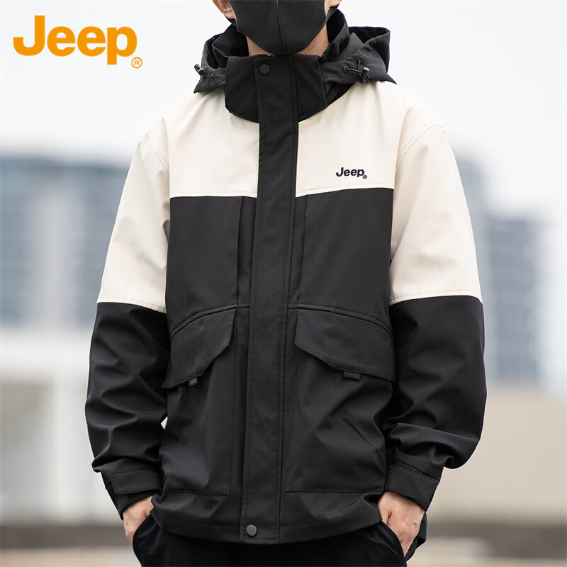 JEEP Men's Hooded Jacket, Spring And Autumn Loose-Fit Trendy Casual Outerwear for Men, Off-White, 2XL