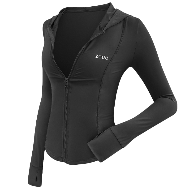 Zauo Sun Protection Clothing for Women, Outdoor Slim Fit Ice-Cool Breathable Original Yarn Sun Protection Hoodie Jacket, Black, Size S