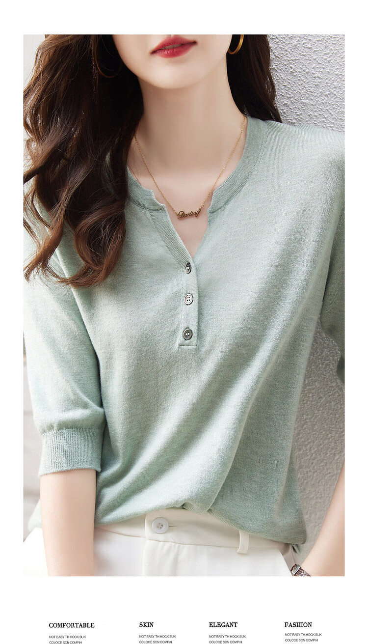 Dme [Baohe Milk Cheese] Spring And Summer Semi-Open Collar Sweater with Wool, Five-Quarter Sleeve, Petite Knit Top for Wome 5