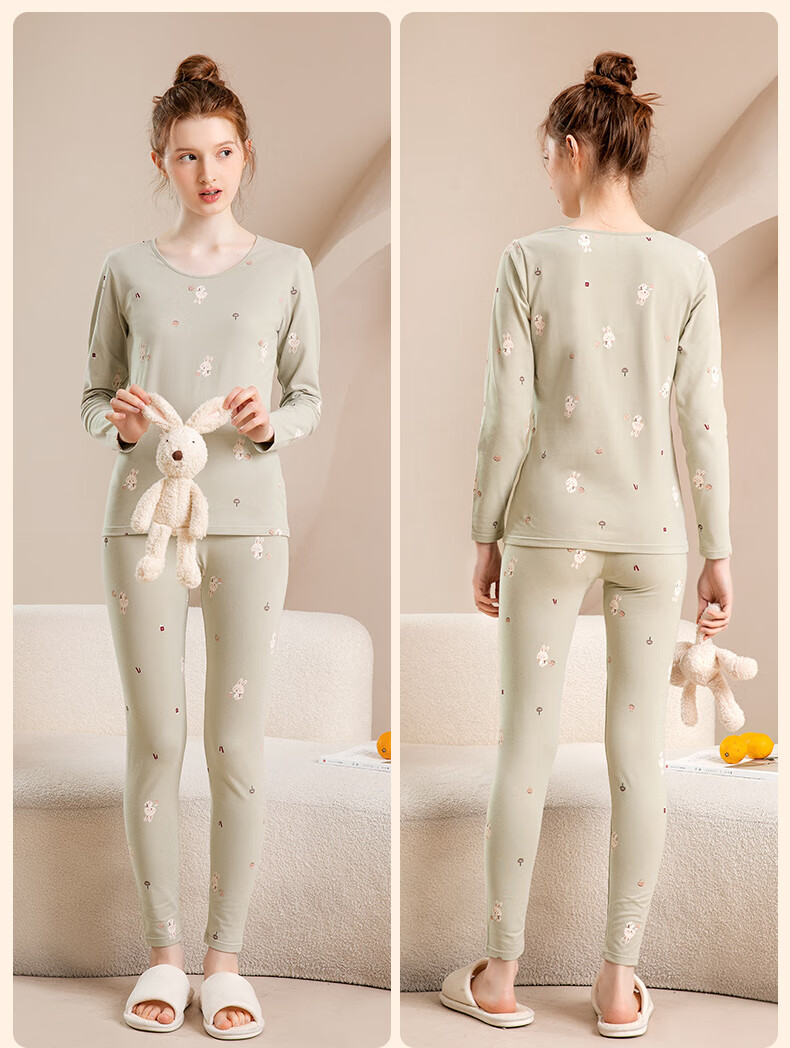 Fenteng Women's Thermal Underwear Pure Cotton 2025 New Style [Light Warm Underwear] Round Neck Small Floral Autumn Top and Bottom Set 27
