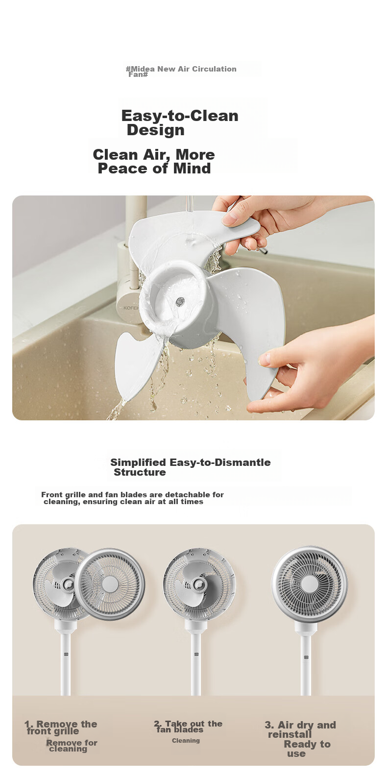 Midea [Storm Circulation] Air Circulator Fan, High Airflow Electric Fan, Floor Fan, Quiet Home Desktop Oscillating Fan, Bedroom Energy-Saving Small Fan, Gentle Wind Light Feather Fan FGA24TQ 32
