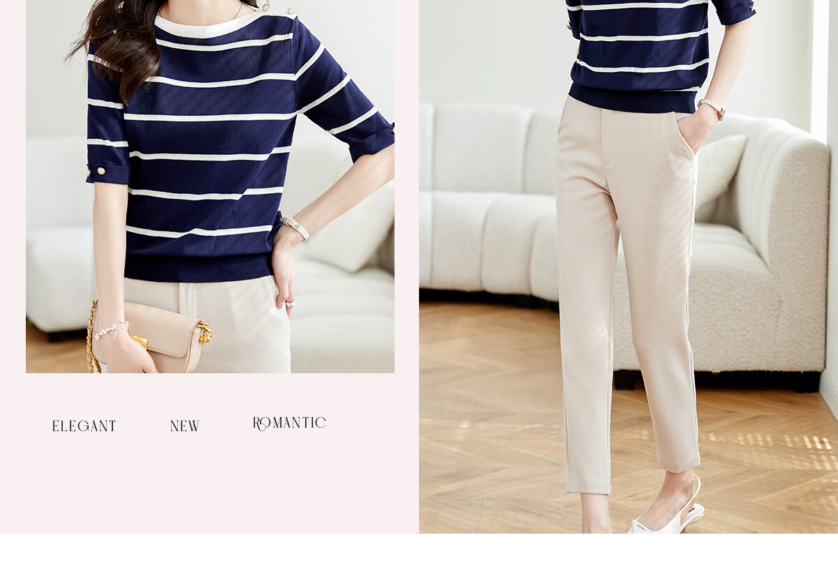 Taxiang Knitted T-Shirt for Women, Striped Contrasting Color Thin Top, Casual Versatile Women's Short-Sleeve T-Shirt T141Z3852 2