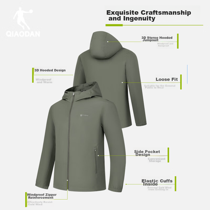 Мужская спортивная куртка QIAODAN, ветровка с капюшоном, трехслойная защита от ветра и влаги, для активного отдыха, осень-весна