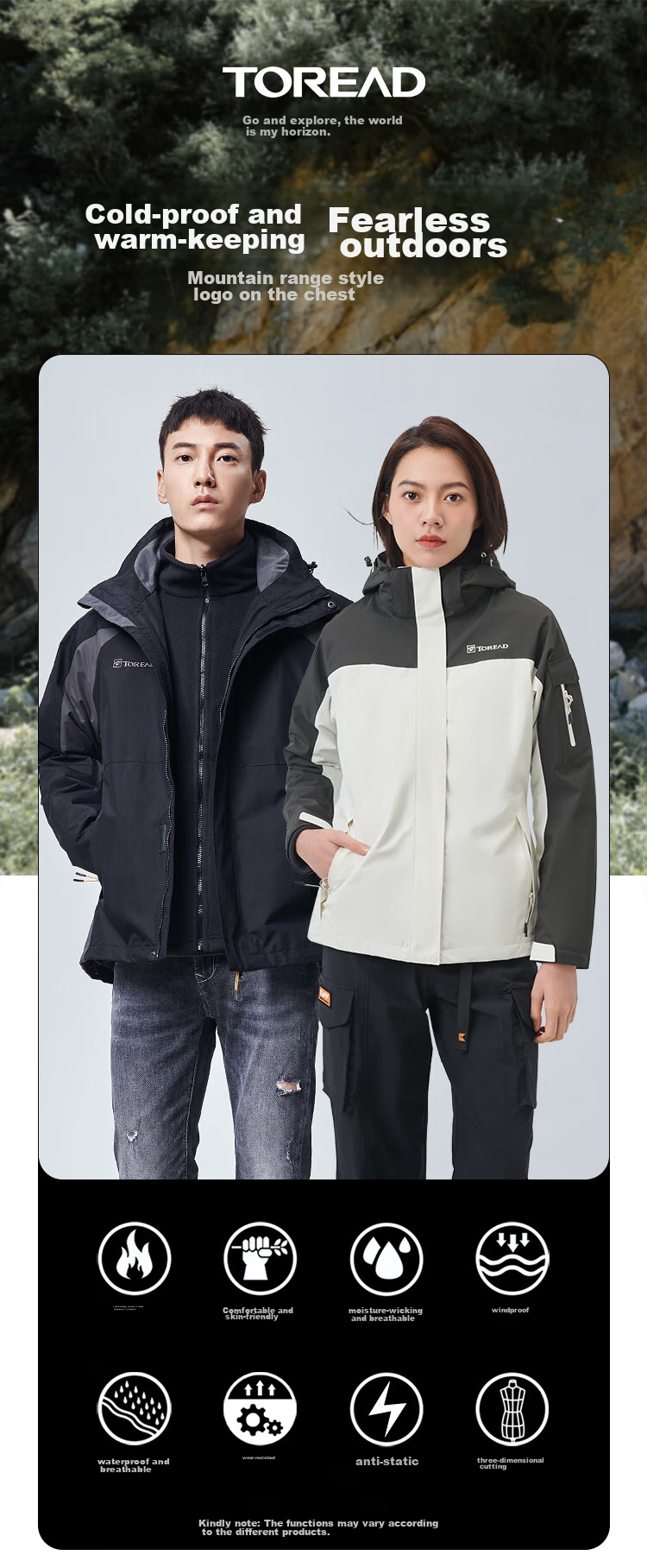 TOREAD Women's Outdoor Three-In Fleece Jacket, Detachable Two-Piece Set, Windproof, Warm Mountaineering Suit, Cold-Resistant Coat 1
