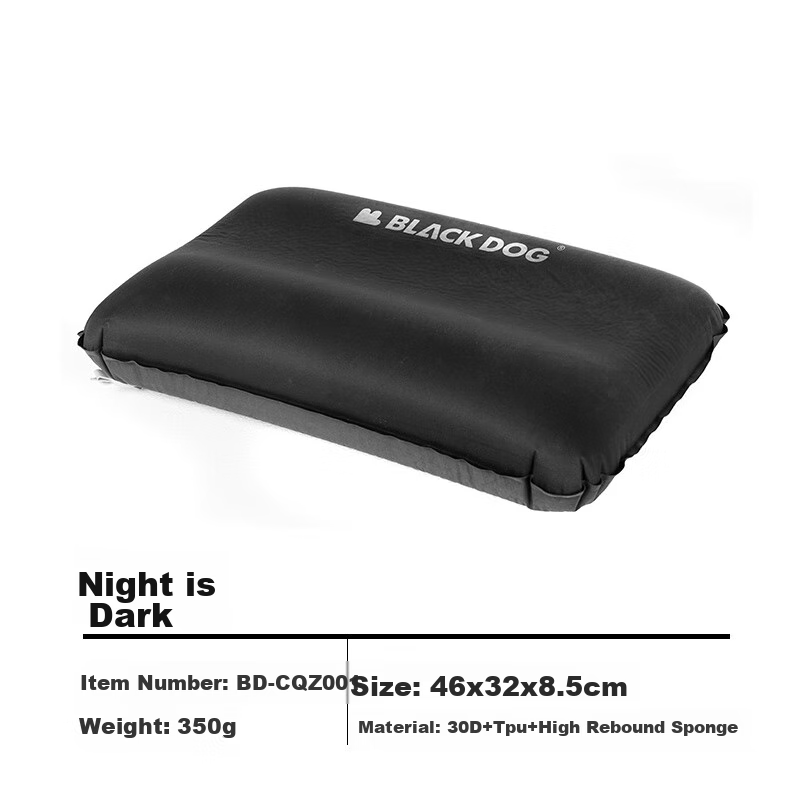 Black Dog Outdoor Automatic Inflatable Pillow, Camping Sleeping Bag Air Cushion Foam Lazy Travel Pillow, Portable, Night Black