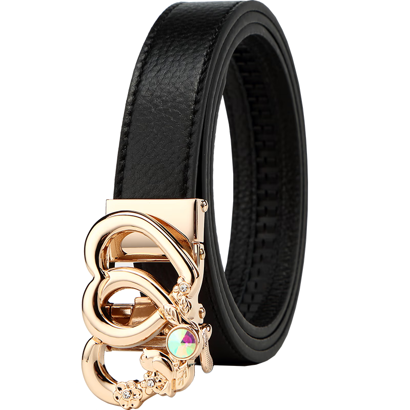 CROCODILE Valentine's Day Gift Women's Leather Belt with Double Heart Automatic Buckle, Simple Top-Grain Cowhide Waistband, Birthday Black