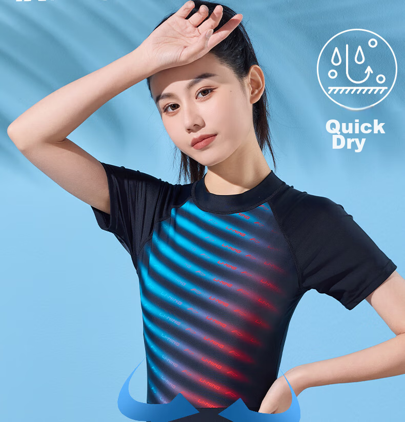 Li-Ning One-Piece Swimsuit for Women, Boyshort Style, Shaping Waist, Fashionable Gradient Color, High Elasticity, Breathable, Hot Spring Resort Swimwear, 481 Red And Blue, Size L 6