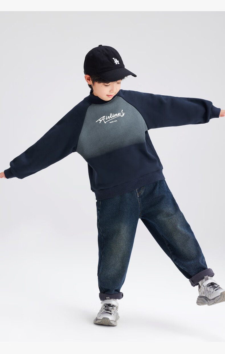 Zuo Xi Boys' Fleece-Lined Sweatshirt 2025 New Winter Thickened Top Stylish Boys' Winter Wear Navy Blue 150 5