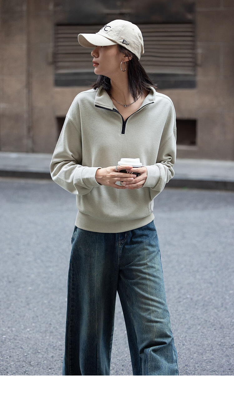 Dme [Relaxed Fit Pullover Sweatshirt] Autumn Light Bean Green Stylish Stand Collar Zipper Half Placket Simple Sweatshirt 10