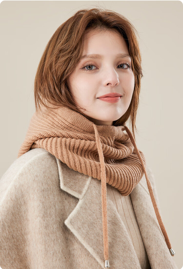 JIUMU Pure Wool Warm Knit Hat for Women, Autumn And Winter Balaklava Knitted Cap, Cold-Proof Hood with Integrated Neck Warmer 18