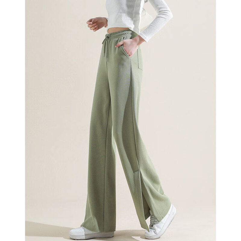 Dme [Knitted Pants] Spring And Autumn Commuter Women's Trousers with Drawstring Elastic Waist Straight Casual Wide-Leg Pants for Wome