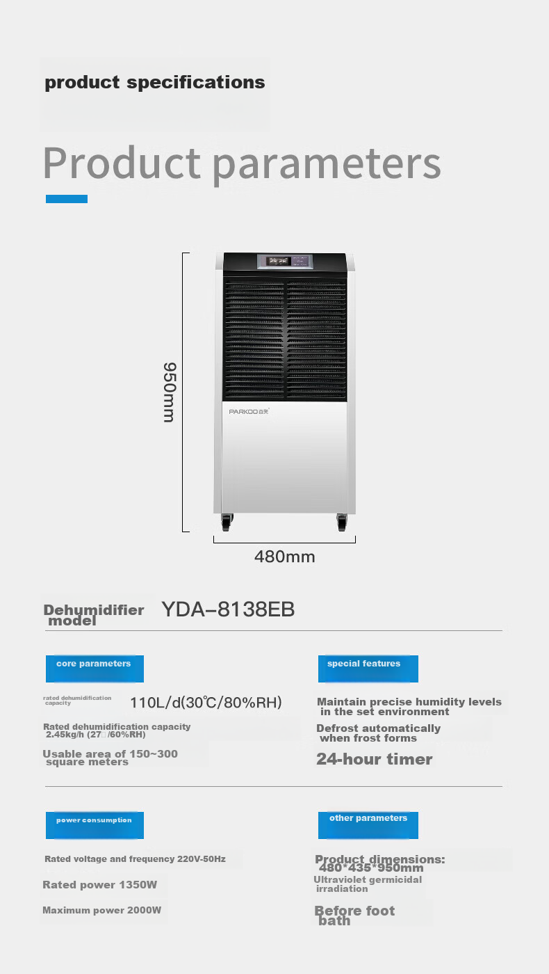PARKOO Dehumidifier Industrial/extractor Fan, 100L High-Power, for Warehouses, Basements, Villas, Dehumidifier, 150-350 Square Meters Industrial Dehumidifier, BA-1380AE 10
