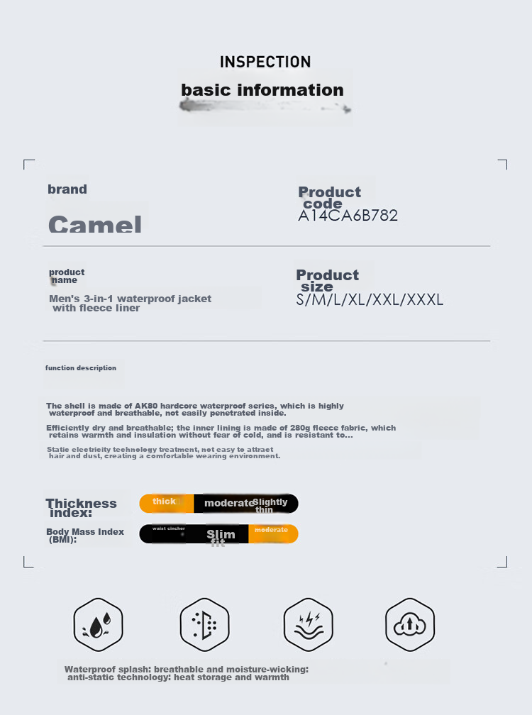 CAMEL Outdoor Jacket, Three-In Cold Protection, Warmth, Storm-Proof, Waterproof, Windproof, Mountaineering Coat, B782 13