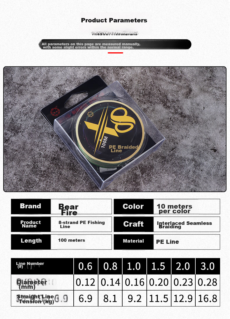 Xionghuo Fishing Line, 8-Strand PE Power Braid Line, Size 0.8, 100 Meters, Lure Rod Casting Rod Main Line, Ultra-High Tensile Strength Competitive Fishing Line 3