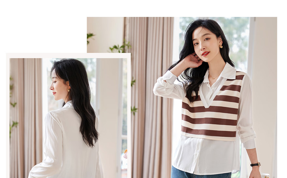 Chushen Thin Long-Sleeve Blouse for Women, Stylish Faux Two-Piece Striped Casual Shirt Top S13QC2942 21