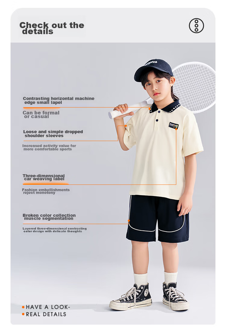 QQ DUCK Children's Clothing Set, Boys' Short-Sleeve Shorts, Big Kids' Sportswear, Student Clothes, Exploration Beige; 130 6