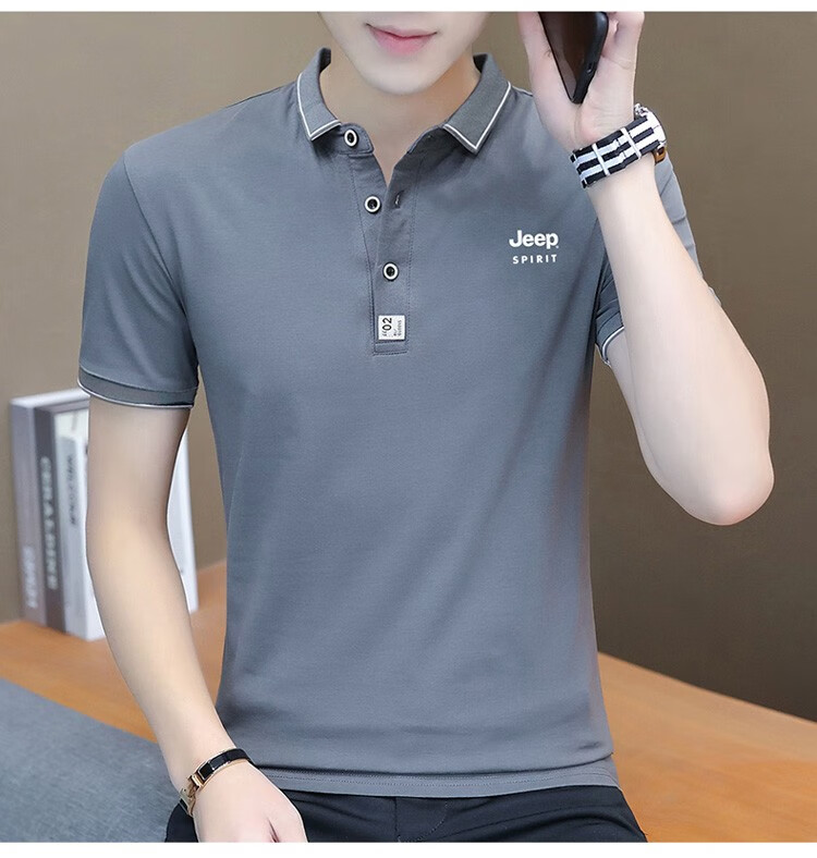 JEEP SPIRIT Men's Short-Sleeve T-Shirt, Summer POLO Shirt, Business Casual, Turn-Down Collar, Breathable, Slim Fit, Black, Size L 14