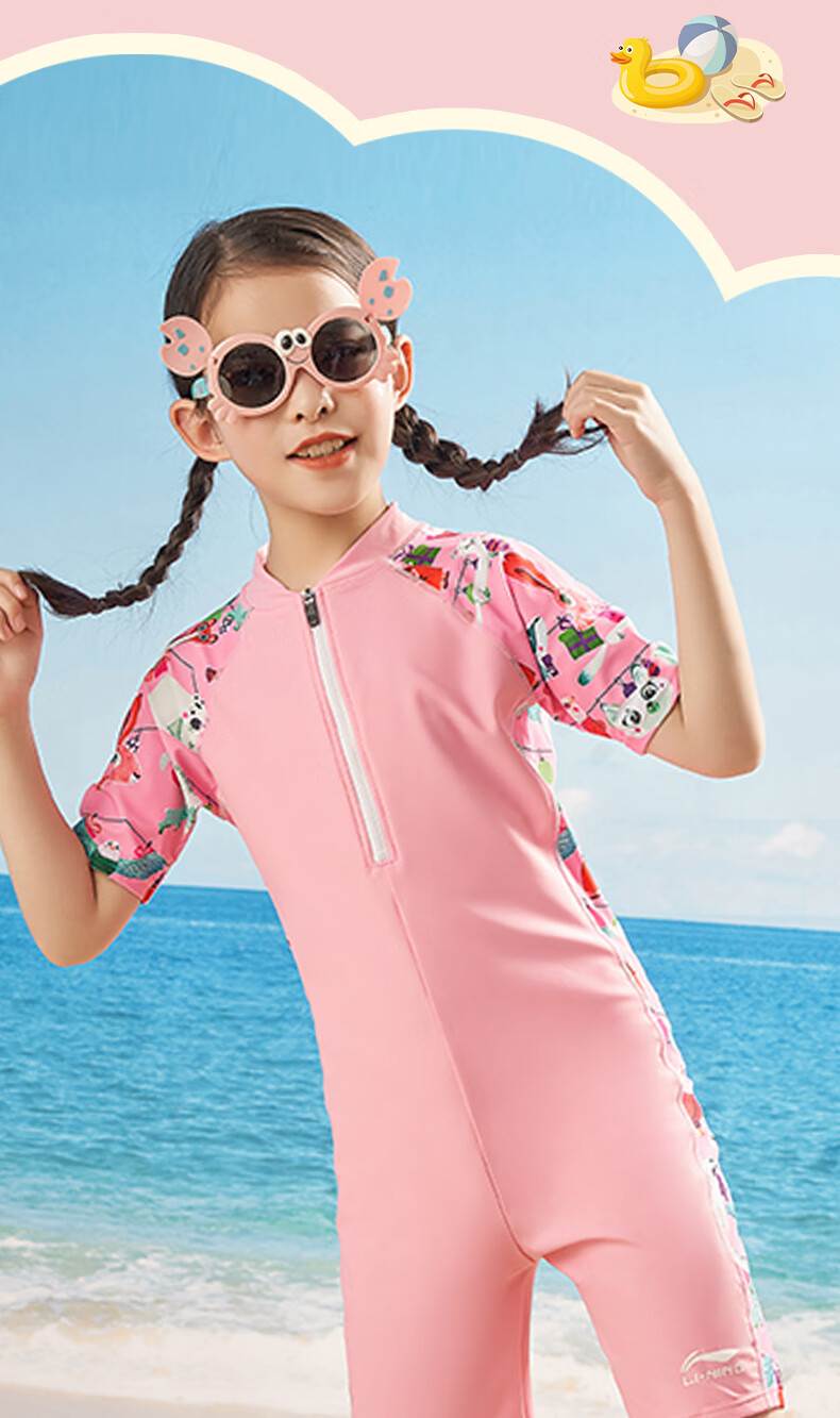Li-Ning Children's Swimsuit, Girls' One-Piece Swimwear, Square-Leg Short-Sleeve Cartoon Swimming Training 720, Red Floral, Size 130 4
