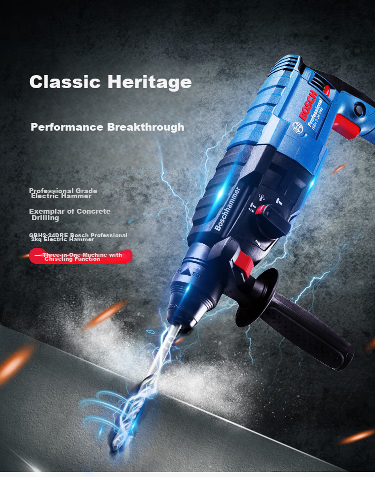 BOSCH Electric Hammer, Drill And Pick Three-In Lightweight Multi-Function Electric Hammer Tool Box, 2 Kg, GBH 2-24 DRE 2