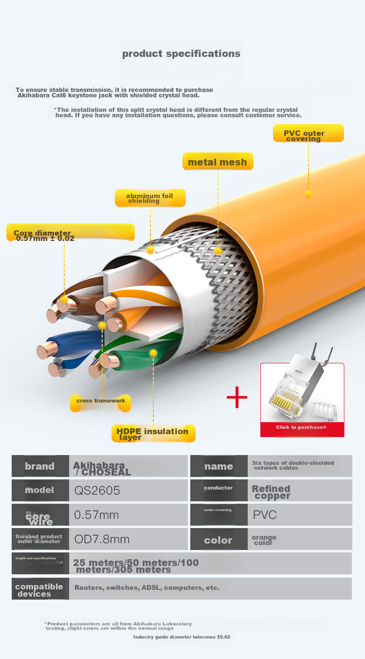 CHOOSEAL (CHOSEAL) Category 6 Ethernet Cable, Double Shielding, Anti-Interference Low Attenuation Gigabit Pure Copper, POE Powered Engineering Home Safety Transmission Cable, Orange, 50 Meters, QS2605T50 3