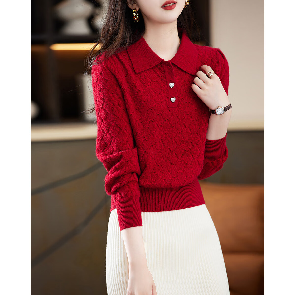 Dme Autumn And Winter Retro Style Heart-Shaped Button Lapel Sweater, Puff Sleeve Slimming Knit Top for Women, Elegant