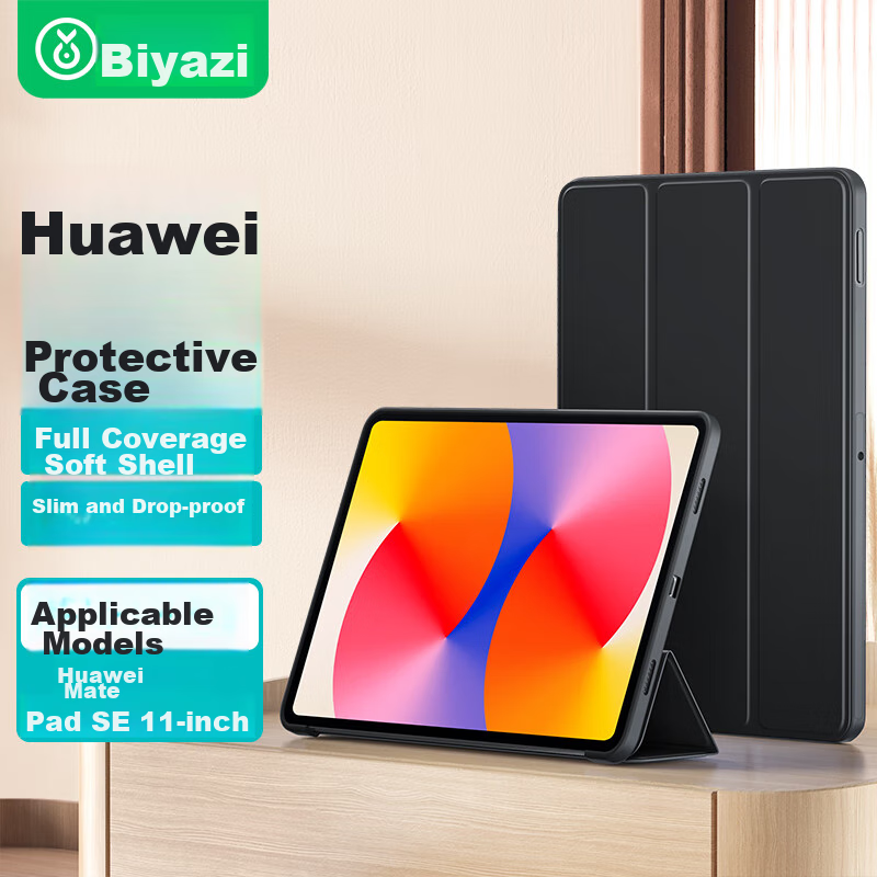 BIAZE Compatible with 2024 Huawei MatePad SE Protective Case, Huawei Tablet 11-Inch Protective Cover, Real Machine Cutouts Tri-Fold Support PB530-Jiangang Black