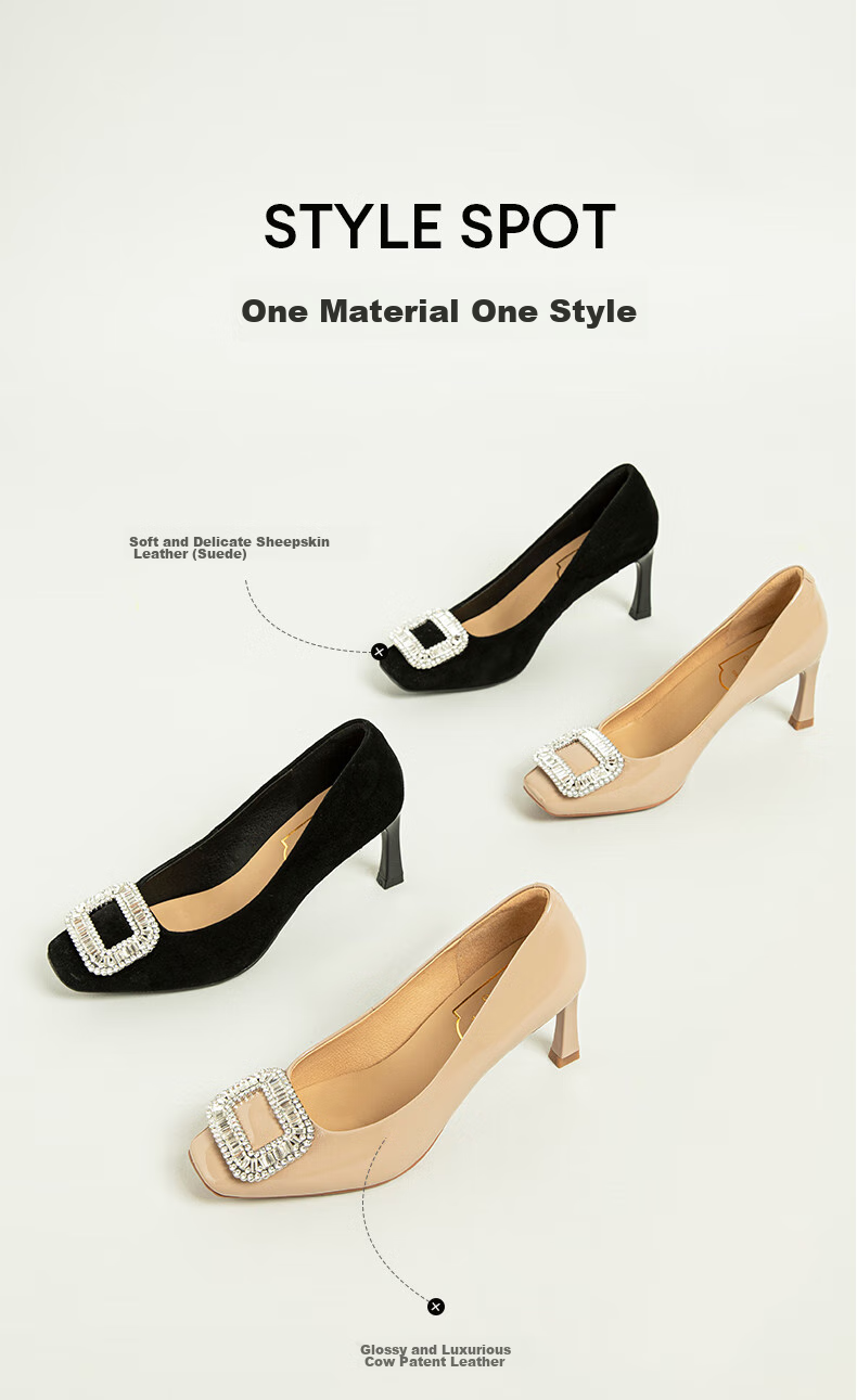 COMELY Square Buckle High Heels for Women, Spring Commute Square Toe Fashionable French Rhinestone Pumps Stiletto Shoes, Pink Apricot Color, Size 36 6