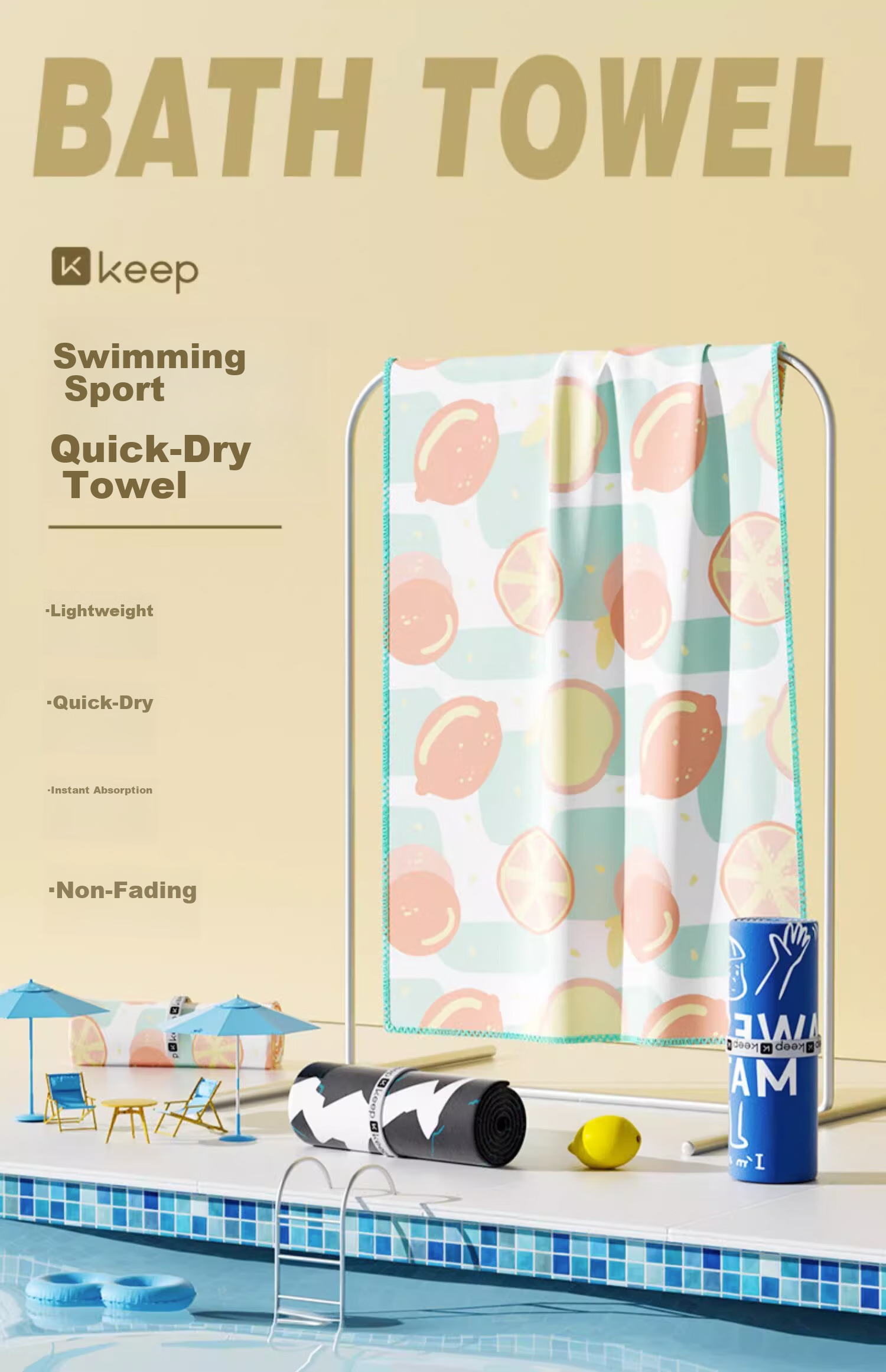 Keep Swimming Towel for Men, Women And Children, Portable Quick-Drying Summer Sports Fitness Absorbent Beach Towel Orange Lemo 1