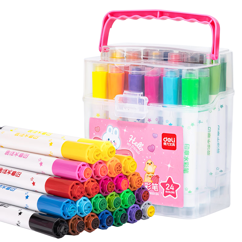 Deli 24-Color Washable Stamp Head Student Watercolor Pens Children's Drawing Pens Portable Painting Doodle Girl (Blue) HM653-24 Watercolor Pens Graduation Gift