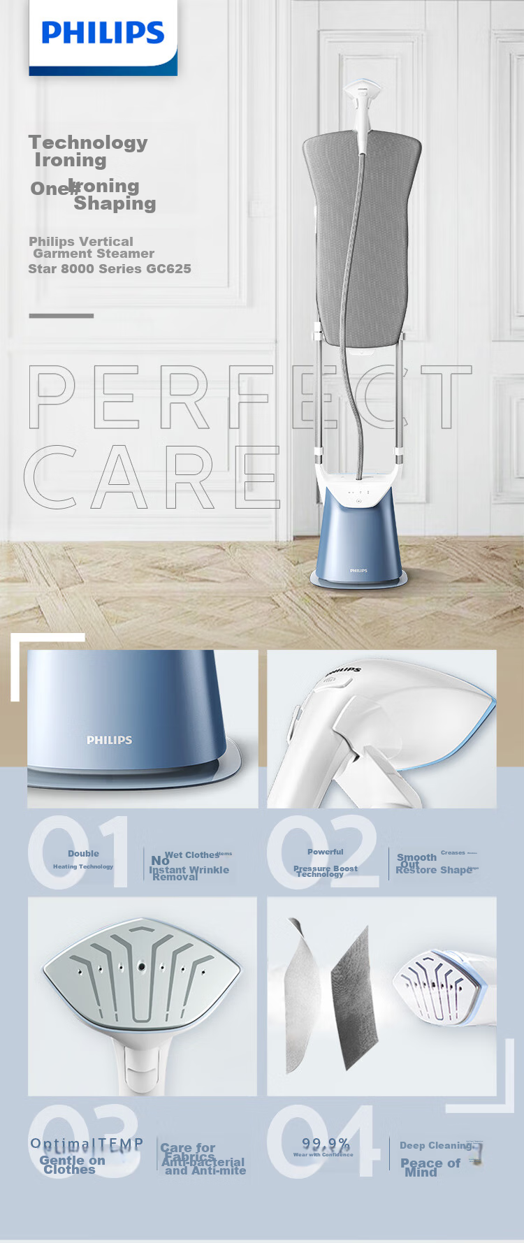 PHILIPS Upright Garment Steamer with Pressure Boost, Steam Iron for Home Use, Multi-Function, Sterilizing And Mite-Removing, Dual Rod with Ironing Board, GC625/28 2