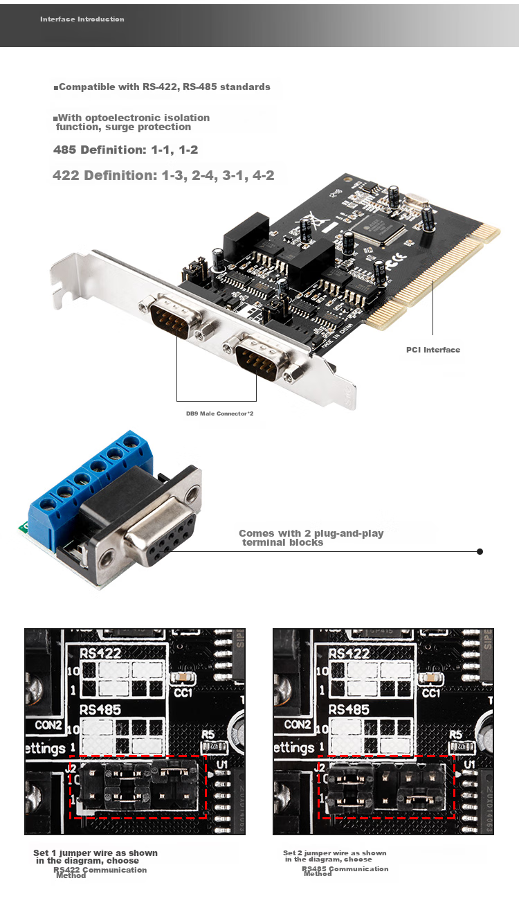 MOGE Desktop PCI to Dual-Port RS485/422 High-Speed Serial Card Optical Isolation Motherboard Serial Expansion Card 9-Pin COM Port Industrial-Grade Terminal Block MC1352 2