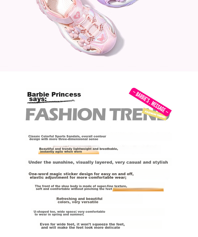 Barbie Children's Sandals, Summer Kids' Sandals with Small Floral Decoration, Closed-Toe Beach Sandals for Girls, DA5920, Light Purple, Size 28 2