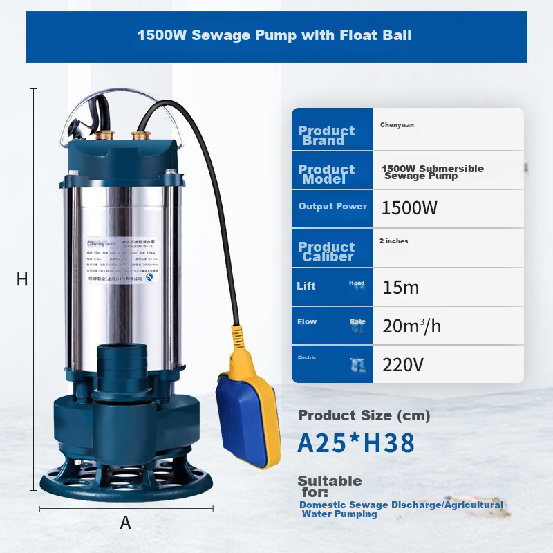 CHENYUAN Submersible Pump, 220V Household Stainless Steel Sewage Pump, Automatic with Float Ball, Agricultural Water Pump for Farmland Irrigatio