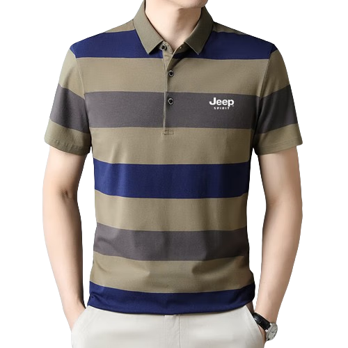 JEEP SPIRIT Men's Short-Sleeve T-Shirt, Summer Polo Shirt with Collar, Half-Sleeve Business Casual Striped Top, Khaki, 4XL