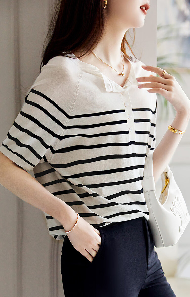 Demana Japanese Style Artistic Commuter Spring Autumn Colorblock Striped Round Neck Slimming Knit Sweater 14