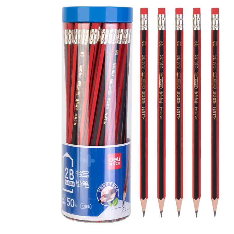 Deli 50 Pcs 2B Classic Red And Black Striped Hexagonal Pencils with Eraser Tips for Students' Exams, Sketching, Drawing, And School Supplies 33594