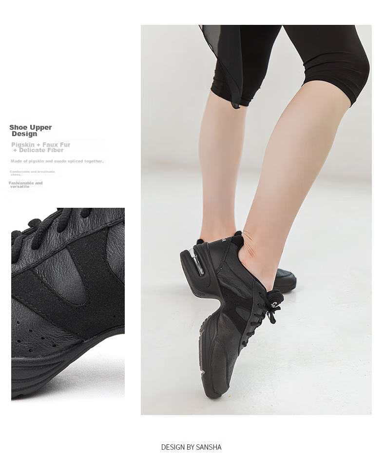 Sansha Modern Dance Shoes for Women, Jazz Soft-Soled Breathable Leather Square Dance Shoes H166LPI Black Size 39 5