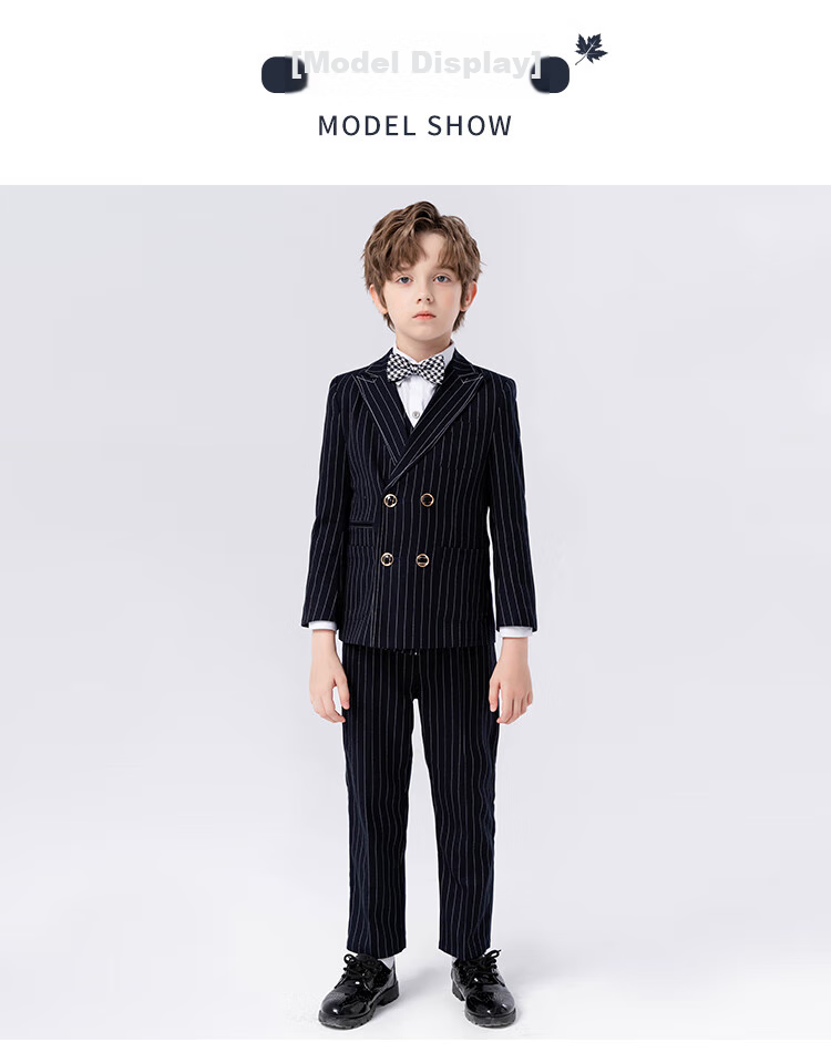 LUOBOBEIBEI Children's Suit, Boys' Striped Blazer Vest Set, Spring Formal Wear for Boys' New Year's Greetings, Navy Blue Five-Piece Set, Size 140 11