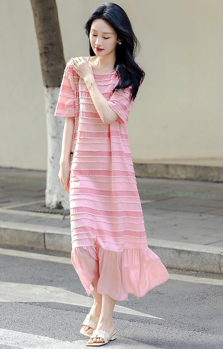 Dme [Half-Ripe Lovers] Spring And Summer Round Neck Textured Lazy Striped Sweet Age-Reducing Knitted Dress, Mid-Length for Wome 10