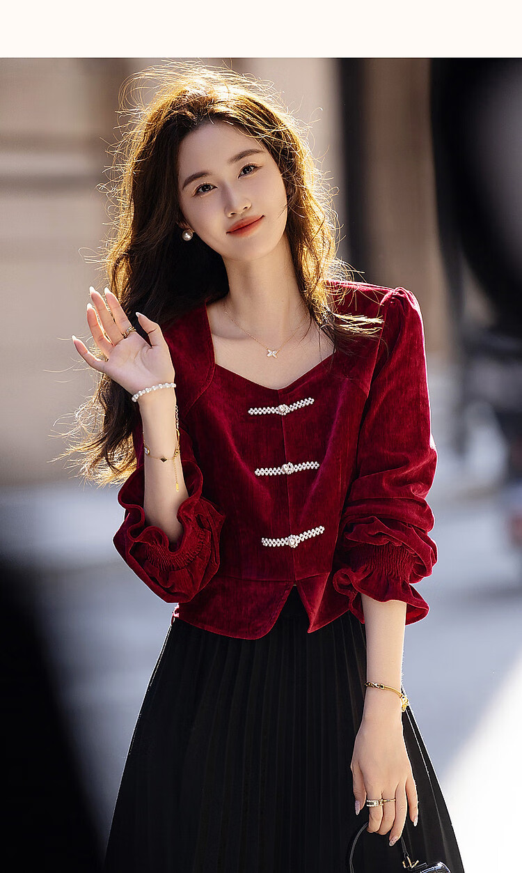 Dme [Xuoxing Wan Yue] Spring And Autumn Style New Chinese-Style Square Collar Shirt with Pearl Buttons, Velvet Blouse Women's Top 19