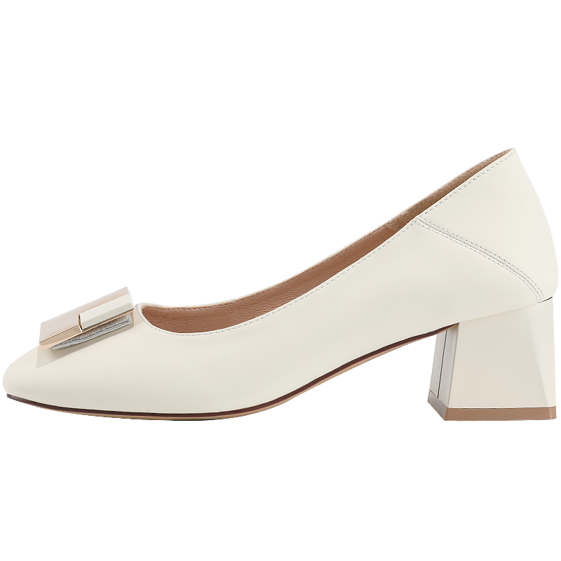 DAPHNE Women's Single Shoes, Summer 2022, Chunky Heel, Shallow Mouth, Small Leather Shoes, French High Heels, Beige, Size 36