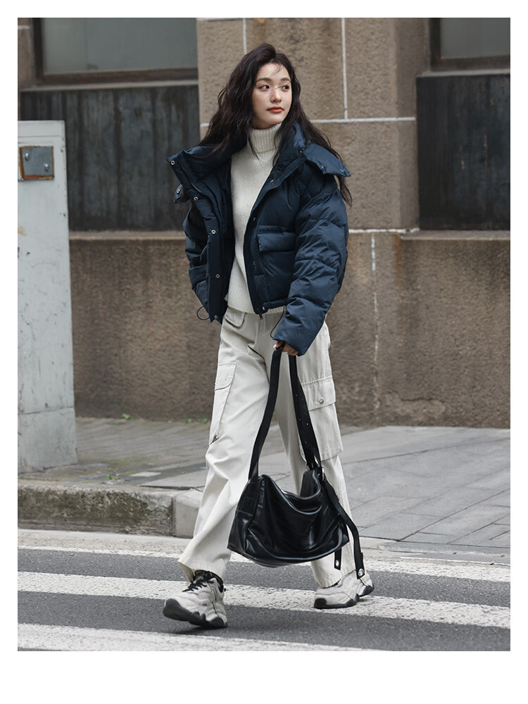 Dme [Navy Blue Short Down Jacket with Large Pockets], Winter Hooded Windproof Button Design down Coat for Wome 8