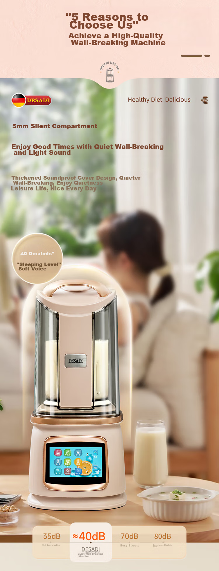 DESADI German Low-Noise Blender, Fully Automatic No-Cooking 2026 New Model, Whole Grains Filter-Free, for 3-4 People, Home Use, Self-Cleaning, Heating, Food Processor, Juicer, Soy Milk Maker 6