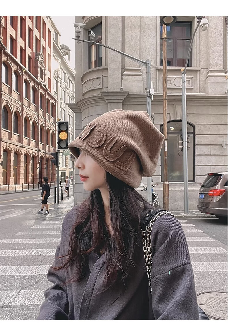 XUEXIMAN Women's Autumn Winter Japanese Style Thickened Warm Knitted Letter Beanie Fleece Lined Head Wrap Hat 2