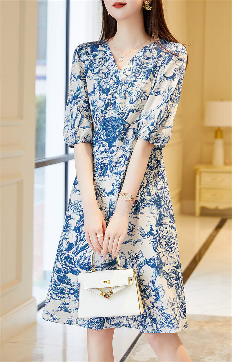 Dme [Mingyuan Faux Silk A-Line Dress] 2025 Summer V-Neck Printed Midi Dress for Wome 9