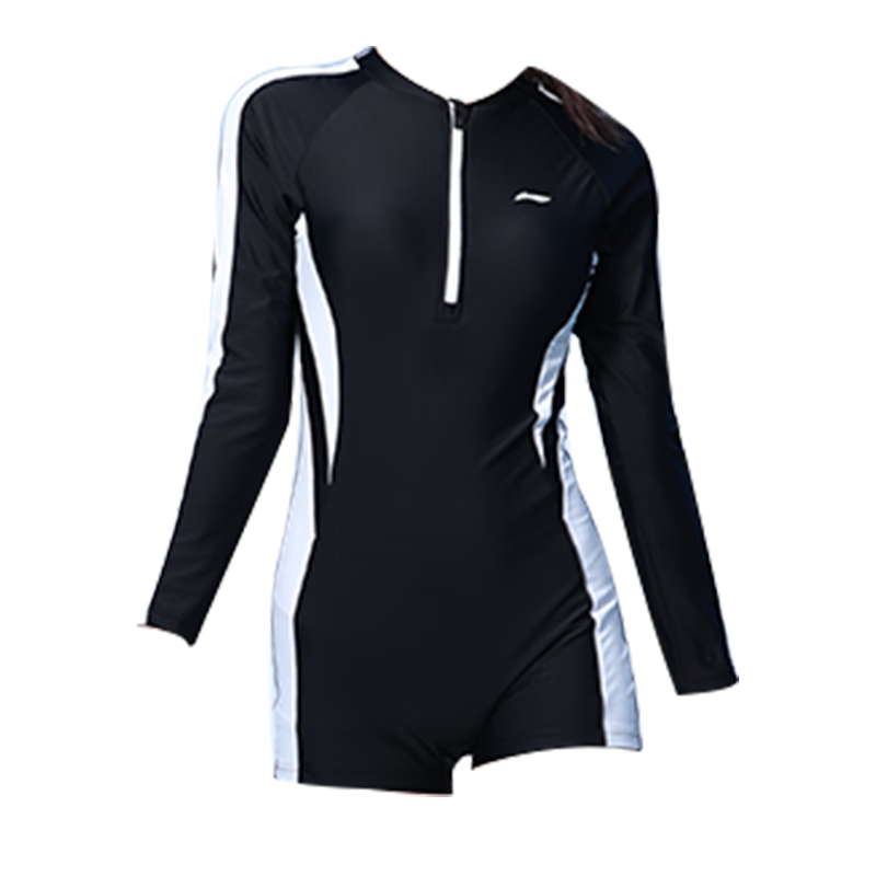 Li-Ning One-Piece Swimsuit for Women, Long Sleeves, Sun Protection, Conservative, Slimming, Comfortable, Chlorine-Resistant, Sports Training Swimwear 018 Black Gray XL