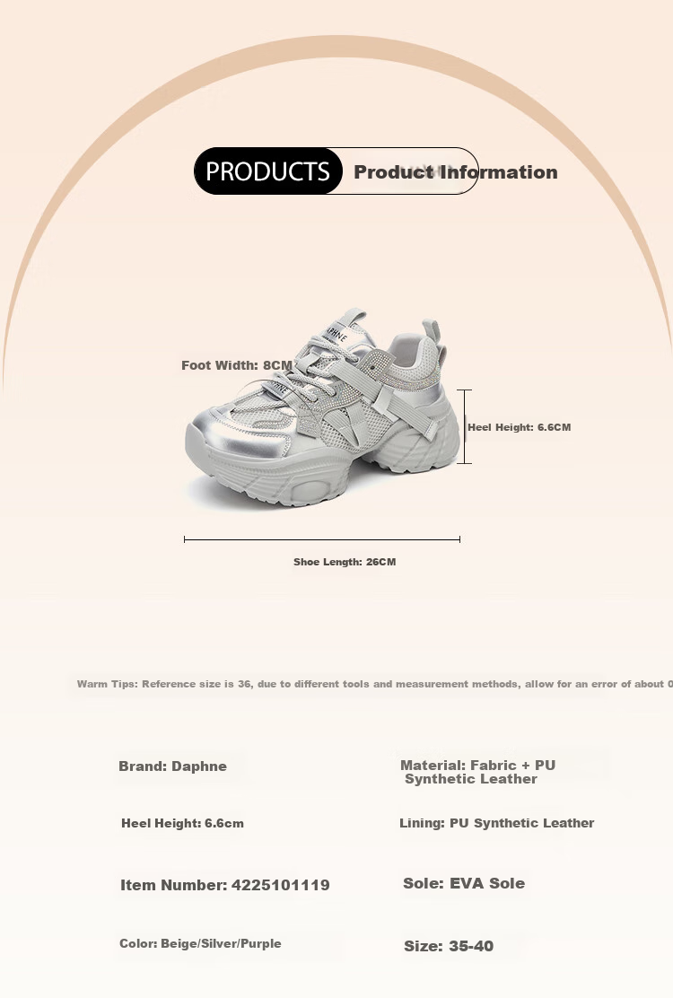 DAPHNE Silver Dad Shoes Thick-Soled Platform Women's Shoes Heightening Foot-Slimming Sneakers Beige 39 2